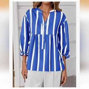 Blue & White Stripe Button-Front Women's Peasant Top Size Xl